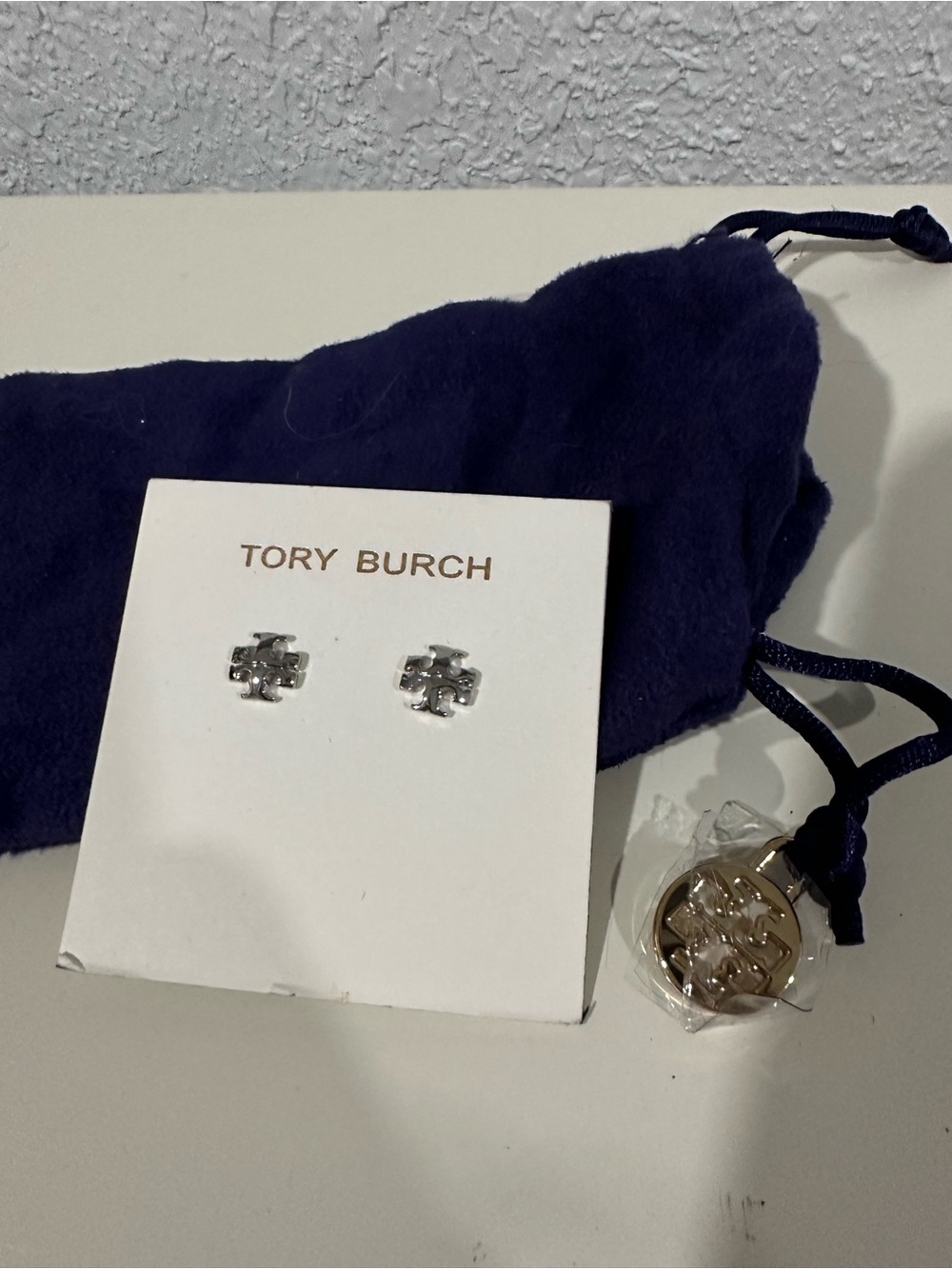 Tory Burch Silver Logo Stud Earrings with Navy Pouch